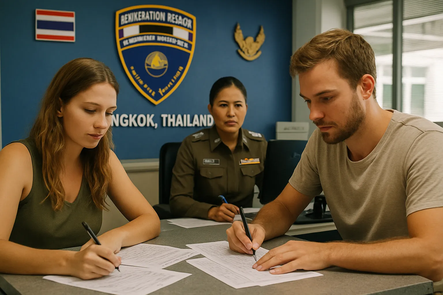 A couple completing paperwork at a Thai immigration office in Bangkok, 2026