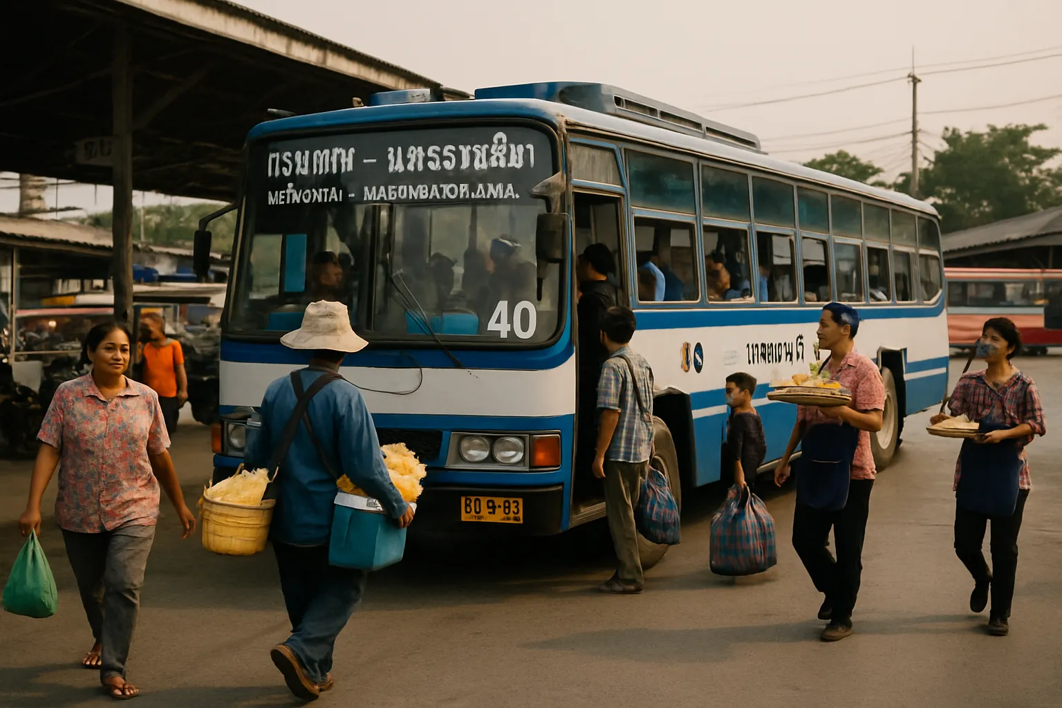 A local bus arriving at Nakhon Ratchasima (Korat) bus terminal with passengers and vendors on a busy afternoon in northeast Thailand