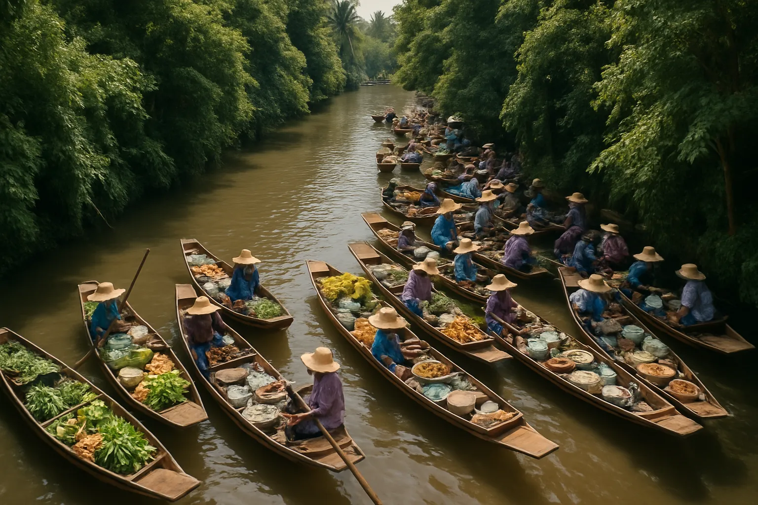 Aerial view of a traditional floating market on a narrow canal surrounded by lush green trees in Thailand, with wooden boats selling food
