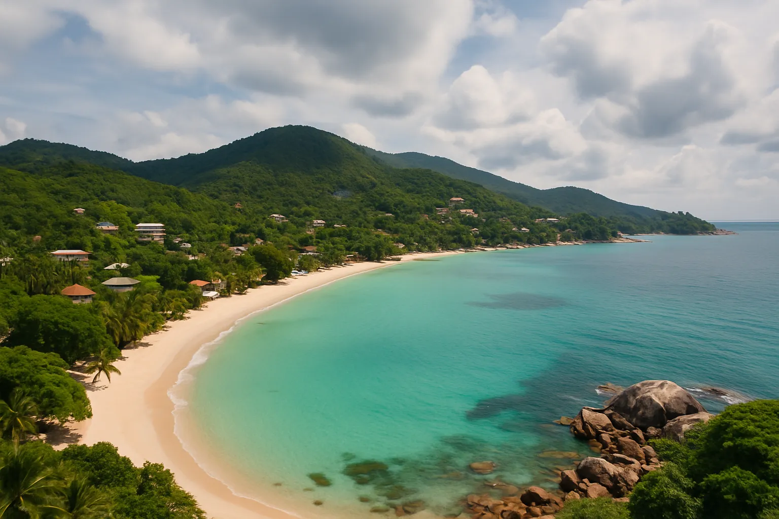 Aerial view of Koh Samui island with turquoise water, lush green hills and white sand beach on a partly cloudy day, Thailand