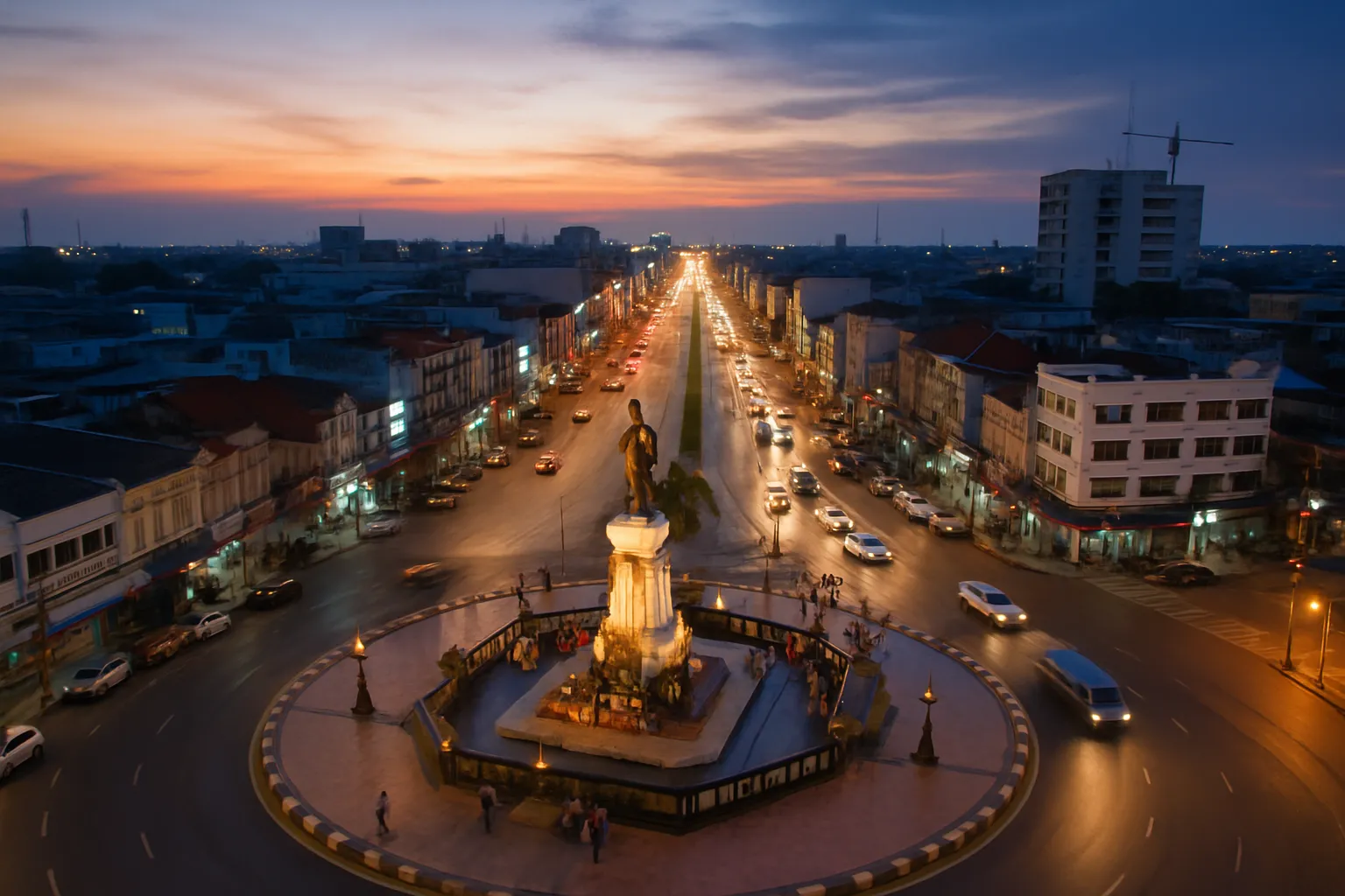 Aerial view of Nakhon Ratchasima city (Korat) with its wide boulevards and the Thao Suranari monument at dusk, northeast Thailand