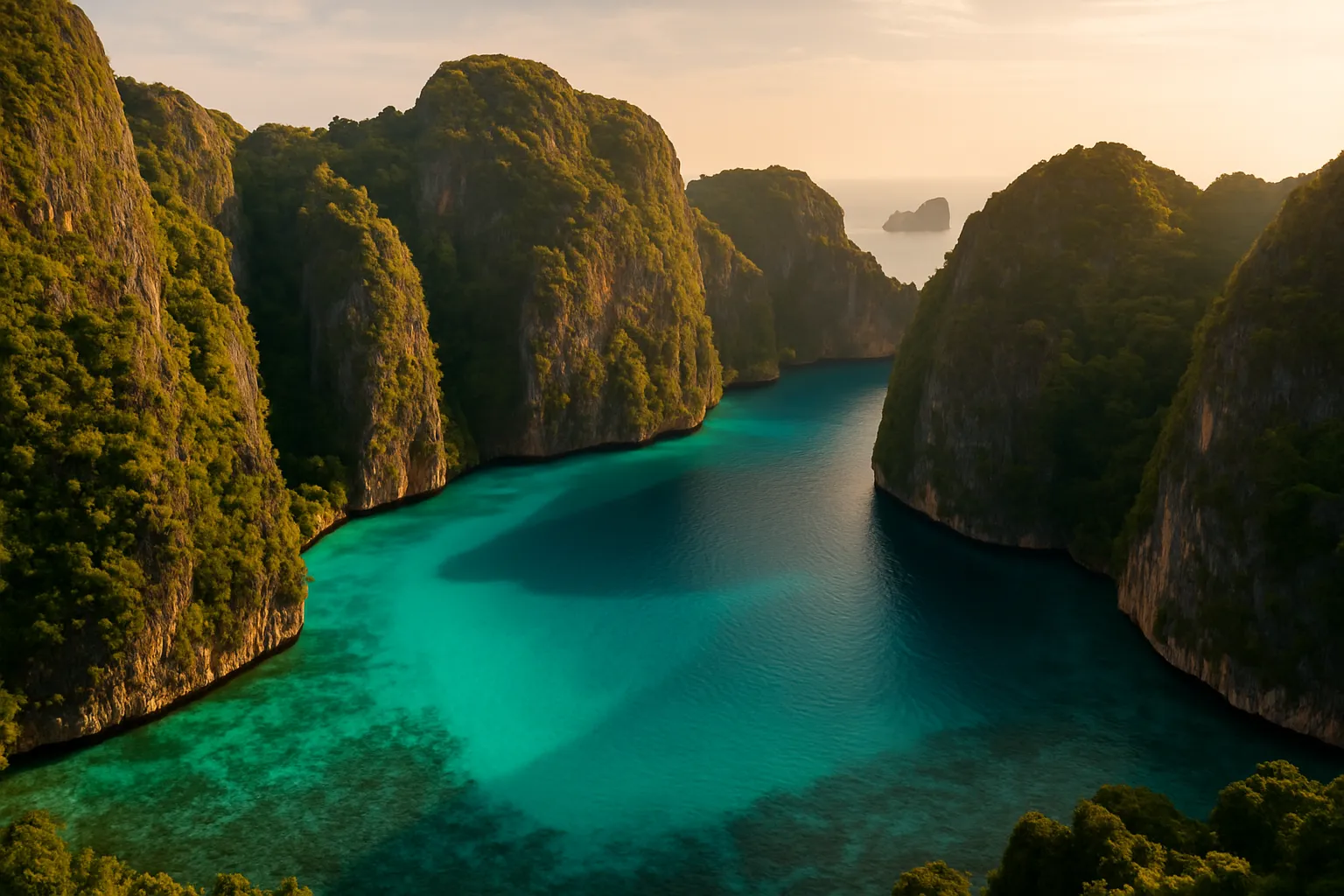 Aerial view of turquoise lagoon and limestone cliffs at Koh Phi Phi Don Thailand at golden hour with no boats