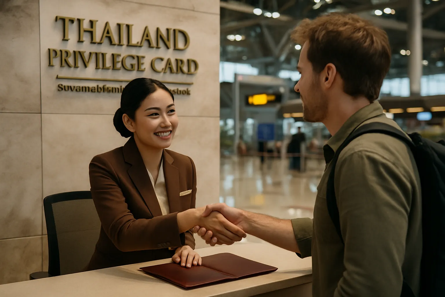 Agent de la Thailand Privilege Card accueillant un voyageur étranger au comptoir VIP de l'aéroport Suvarnabhumi à Bangkok