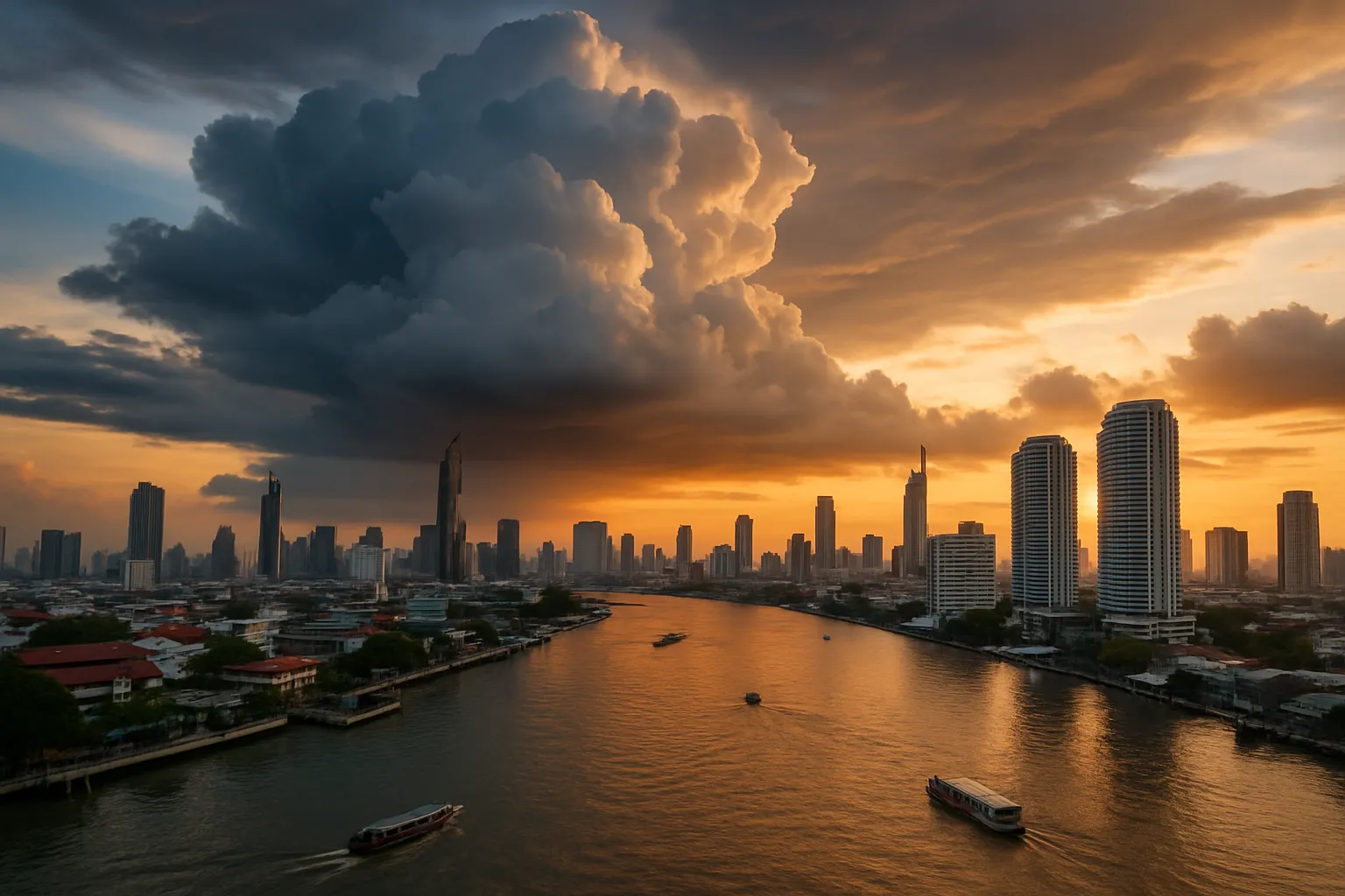Bangkok skyline at sunset with Chao Phraya river in the foreground and thunderclouds building over the city, Thailand
