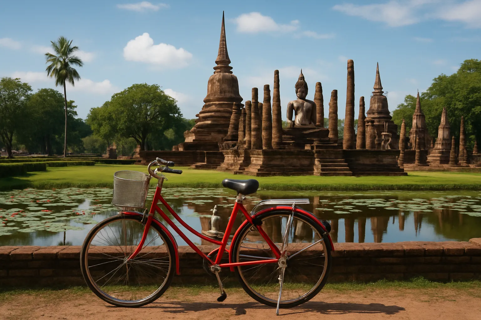 Bicycle parked in front of ancient temple ruins at Sukhothai Historical Park with lotus pond and blue sky in background Thailand