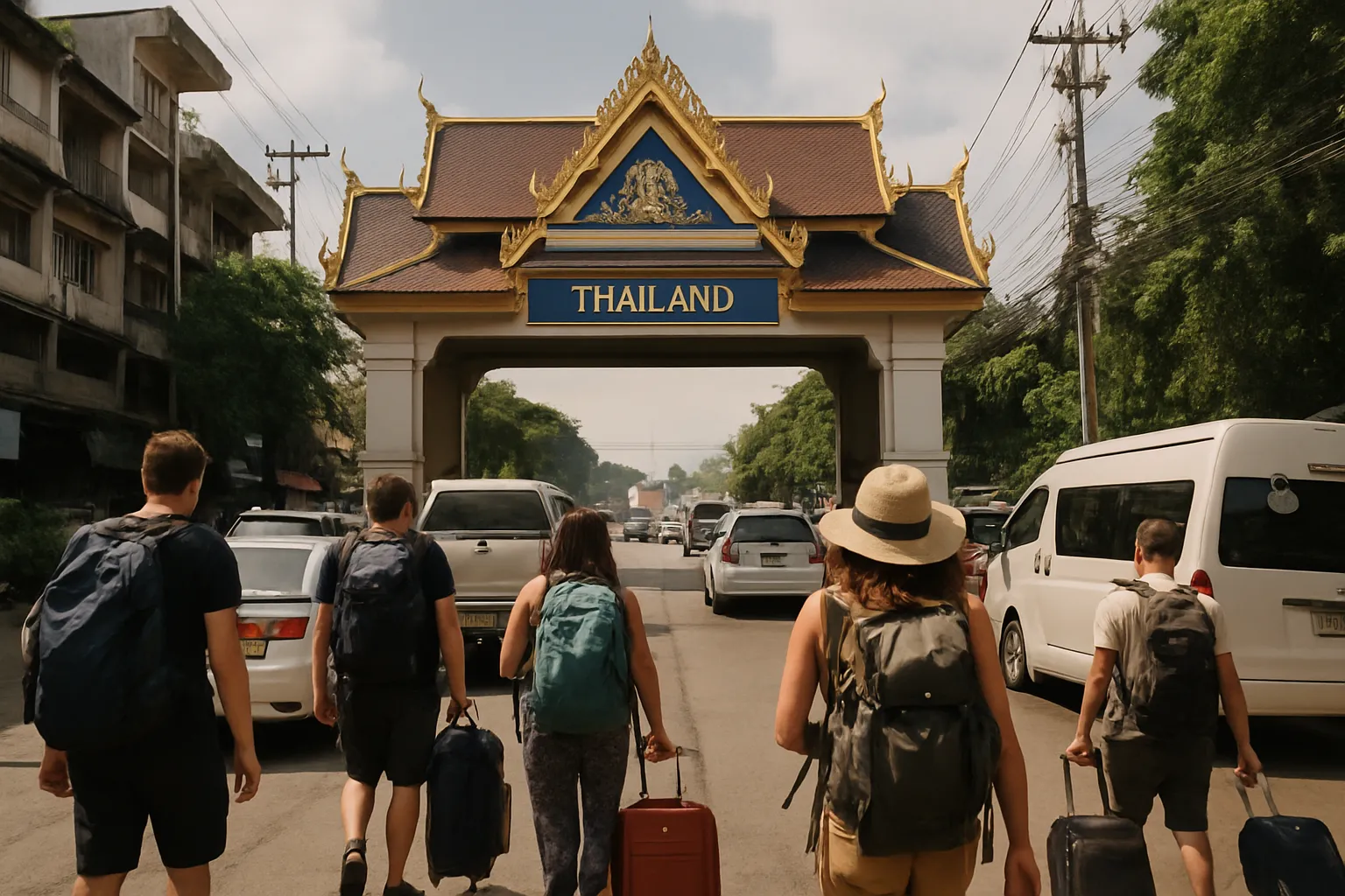 Border crossing at Aranyaprathet Thailand with travelers and vehicles waiting in line, daytime