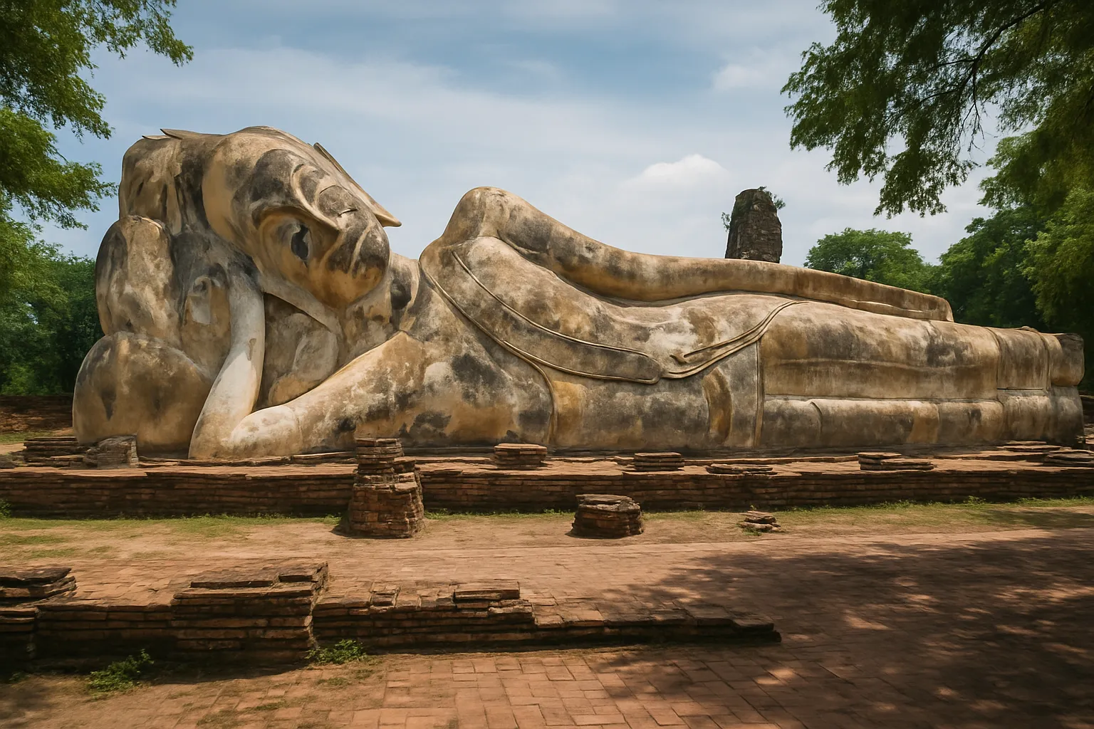 Bouddha couché géant en plein air à Wat Lokayasutharam, Ayutthaya, entouré d'arbres et sans touristes