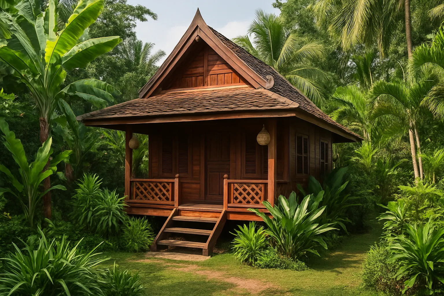 Bungalow traditionnel en bois entouré de végétation luxuriante dans une guesthouse de charme près du parc historique de Sukhothai
