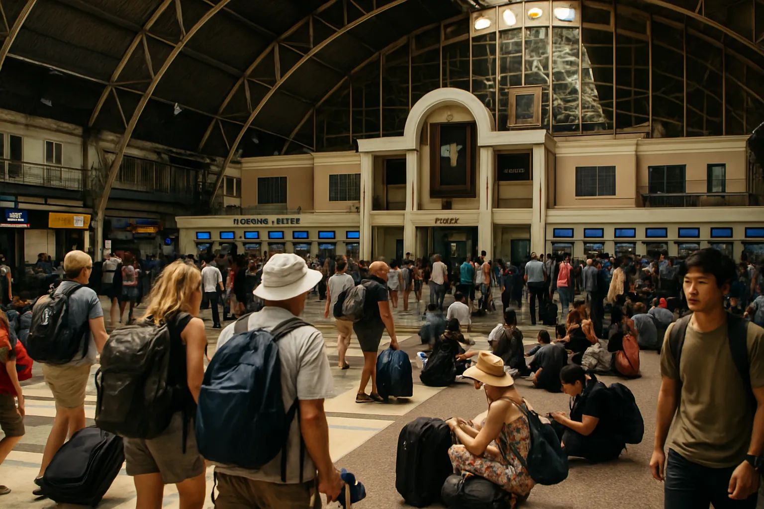 Busy Hua Lamphong railway station in Bangkok with travelers and ticket counters in the main hall
