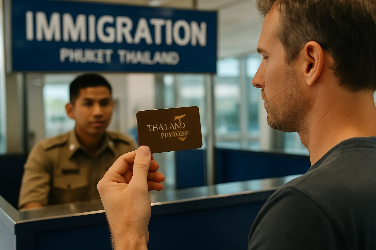 Carte Thailand Privilege Card tenue par un expatrié occidental au comptoir d'immigration de l'aéroport de Phuket en Thaïlande