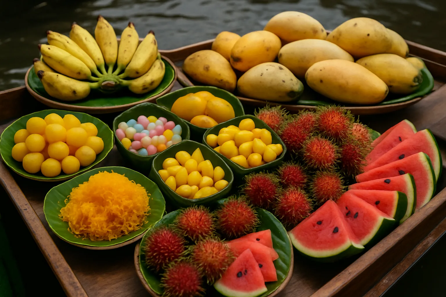 Close-up of colorful Thai desserts and fresh tropical fruits arranged on a wooden boat at a floating market in Bangkok Thailand