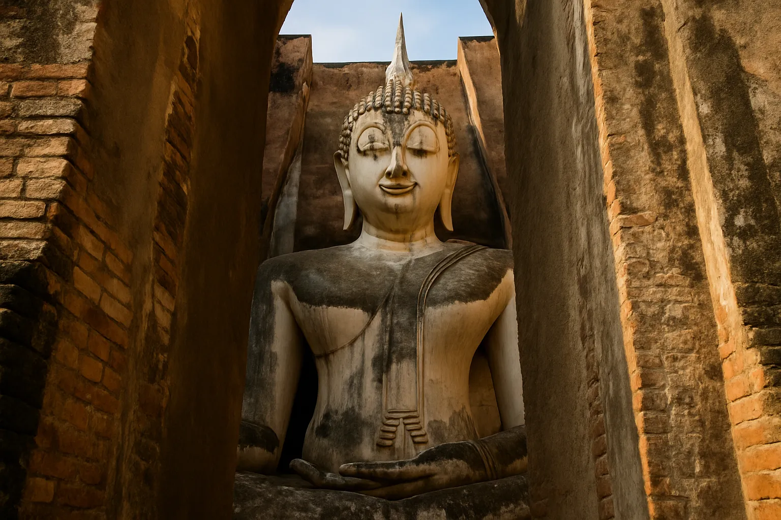 Close-up of the giant Phra Achana seated Buddha visible through the stone slit entrance of Wat Si Chum in Sukhothai Thailand