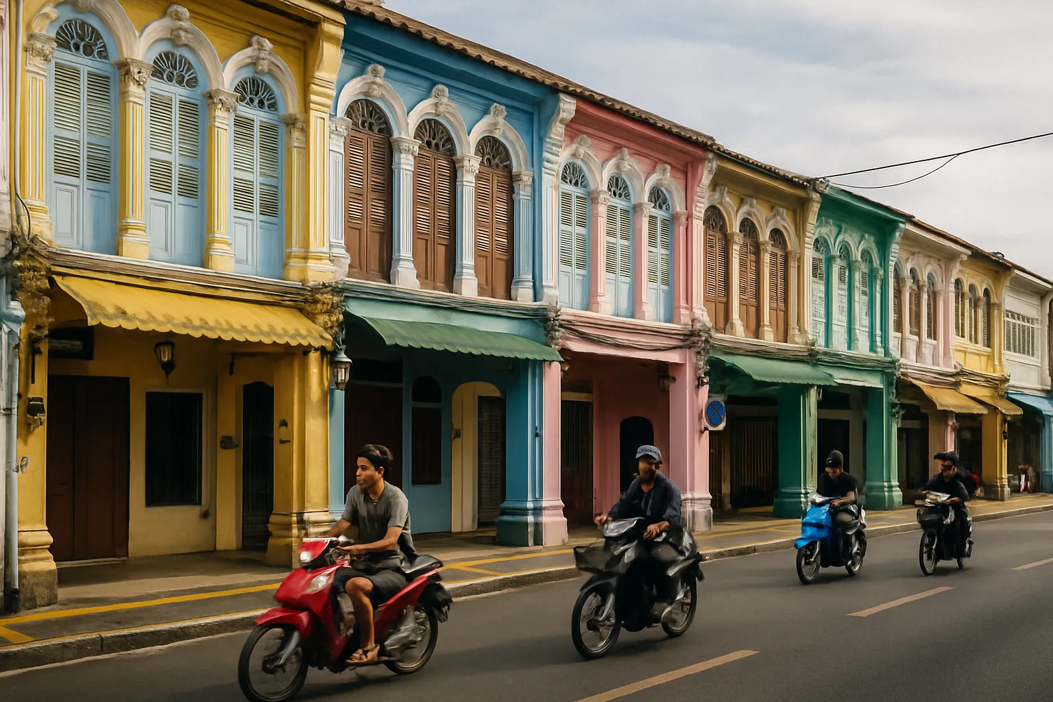 Colorful Sino-Portuguese shophouses on Thalang Road in Phuket Old Town with locals on motorcycles passing by