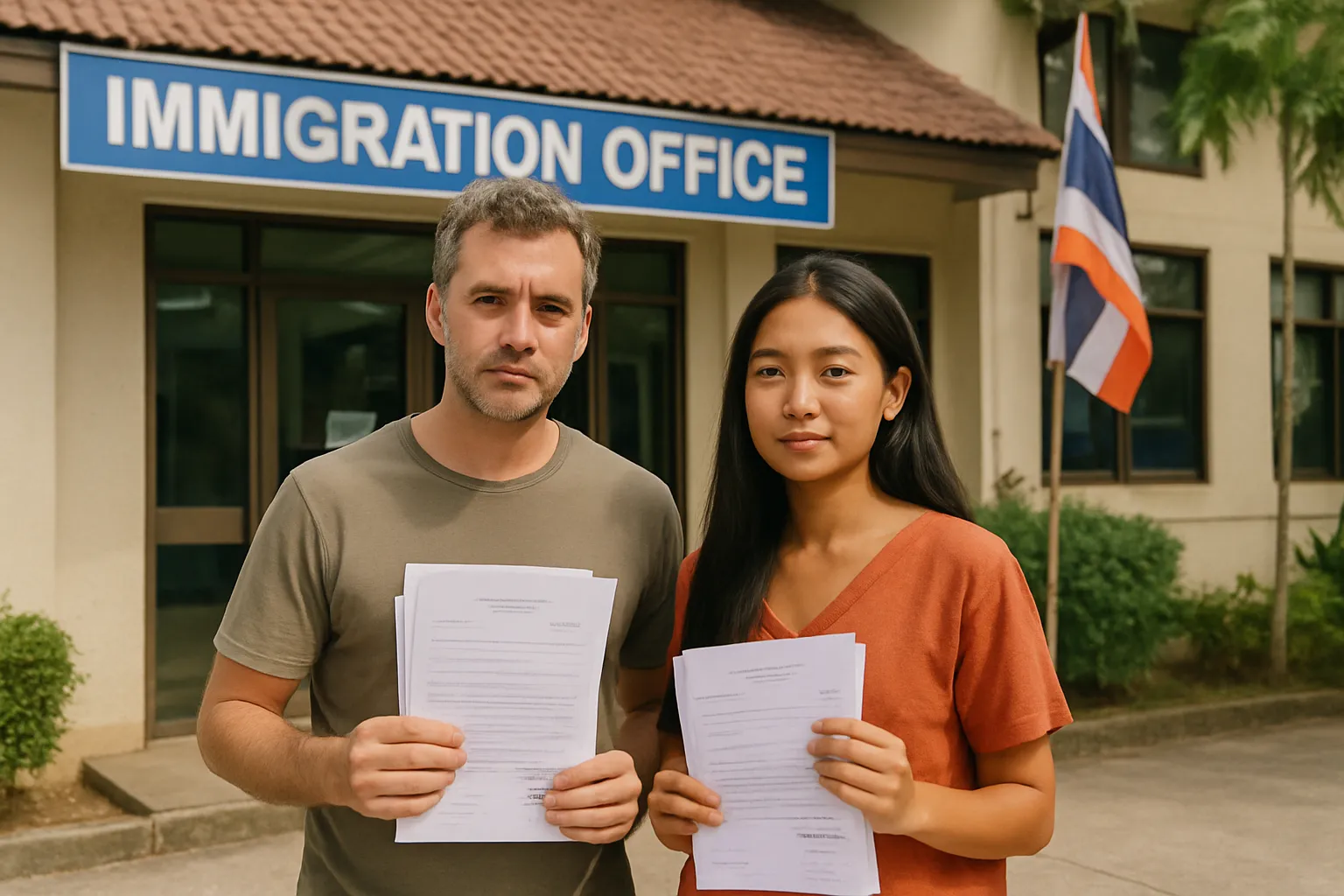 Couple franco-thaïlandais tenant des documents administratifs devant un bureau d'immigration en Thaïlande
