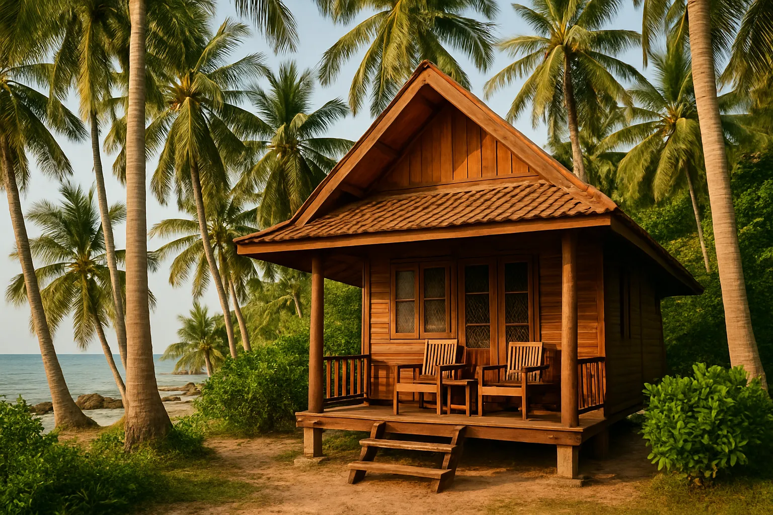 Cozy wooden bungalow surrounded by palm trees near the beach in Koh Tao Thailand