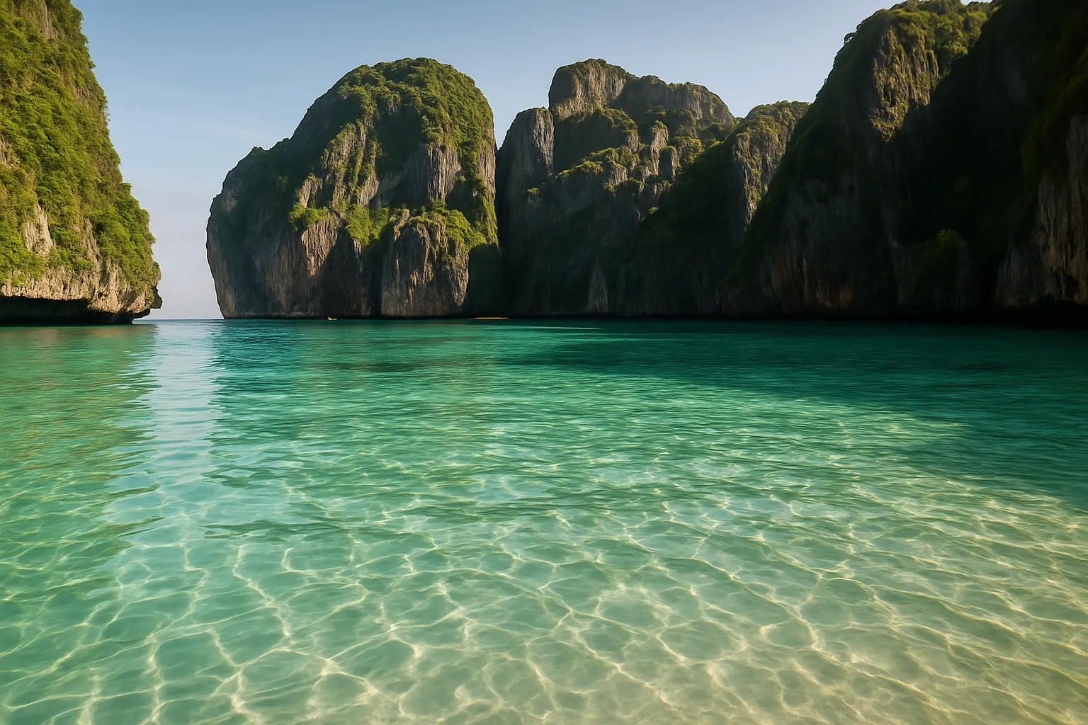 Crystal clear turquoise water inside Maya Bay Koh Phi Phi with dramatic limestone cliffs in early morning light