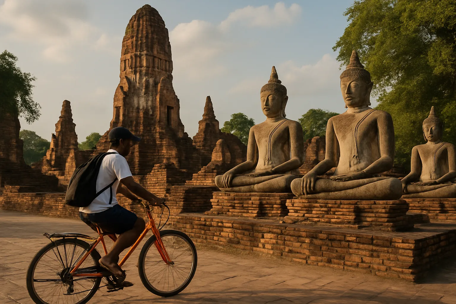 Cyclist riding past ancient temple ruins and stone Buddha statues in Ayutthaya Historical Park, Thailand