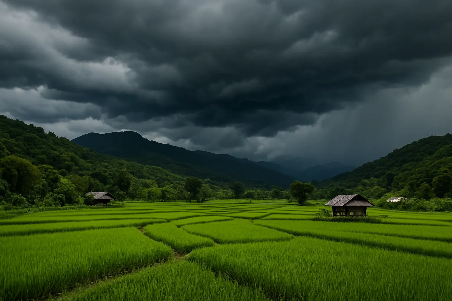 Dark monsoon clouds rolling over lush green rice paddies in northern Thailand near Chiang Mai in June