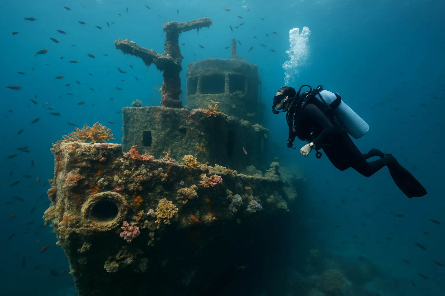 Diver exploring the HTMS Sattakut shipwreck covered in coral and fish in Koh Tao Gulf of Thailand