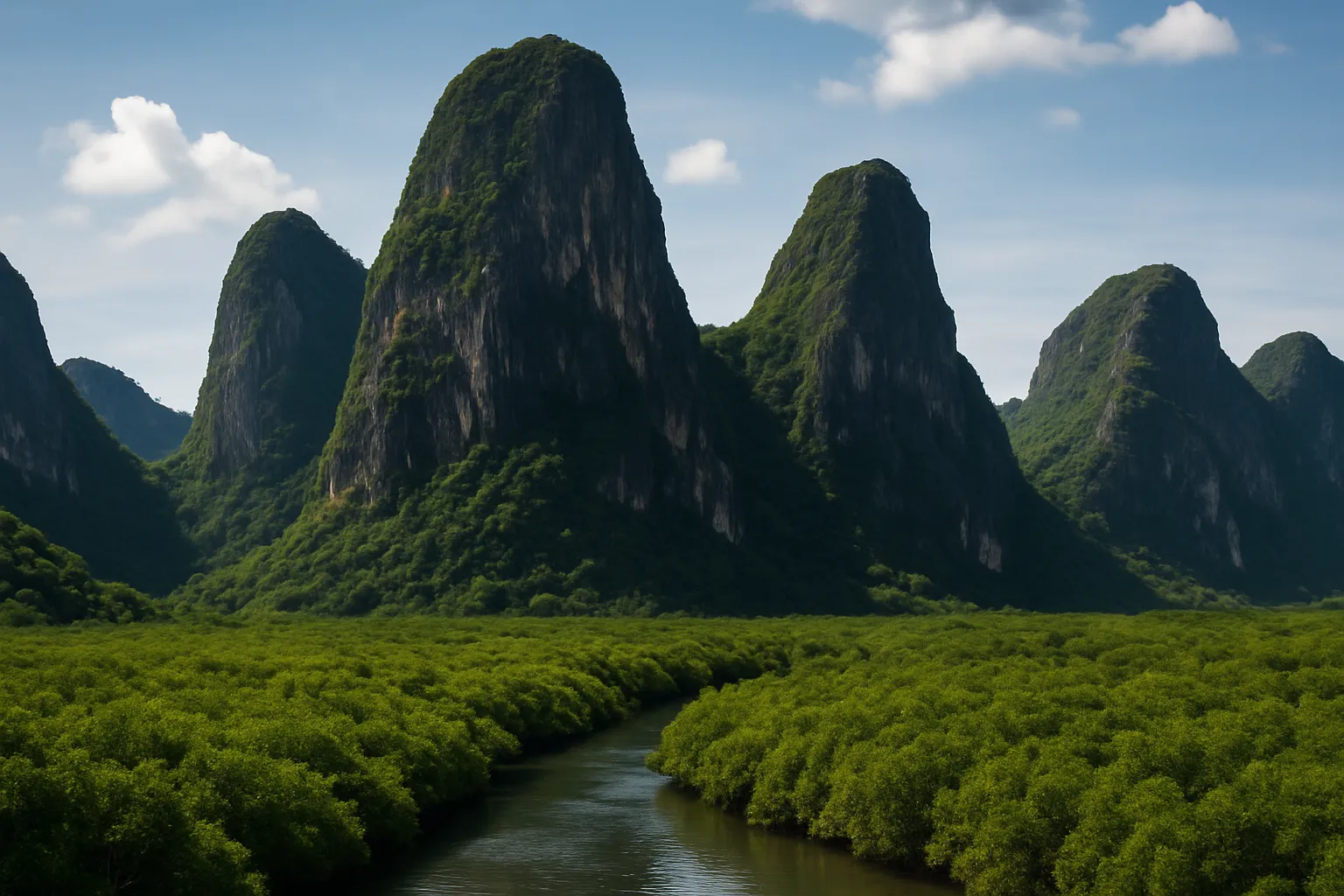 Dramatic limestone karst peaks rising above green mangrove wetlands at Khao Sam Roi Yot National Park Thailand