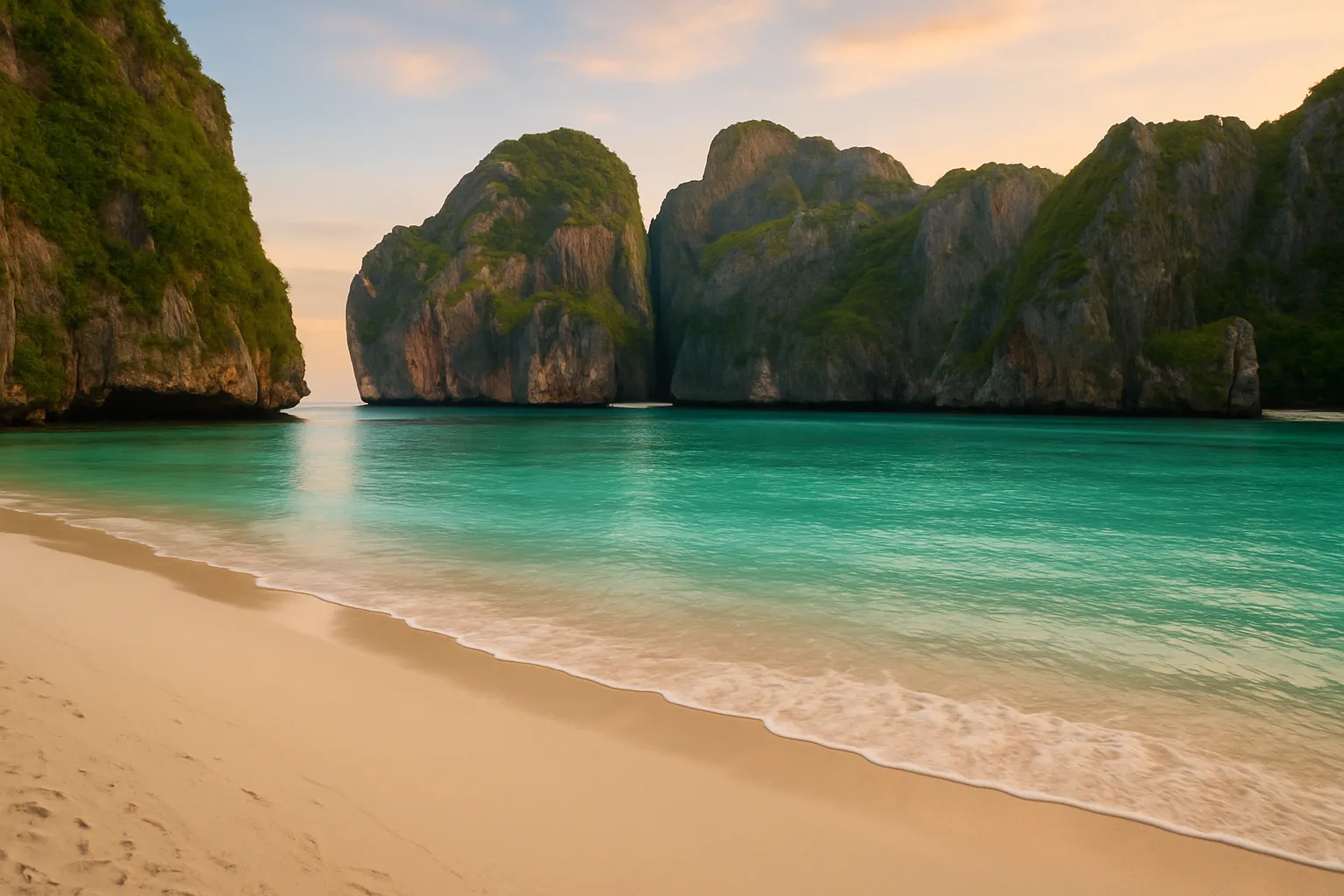 Empty Maya Bay beach at sunrise with turquoise water and dramatic limestone cliffs in Koh Phi Phi Thailand