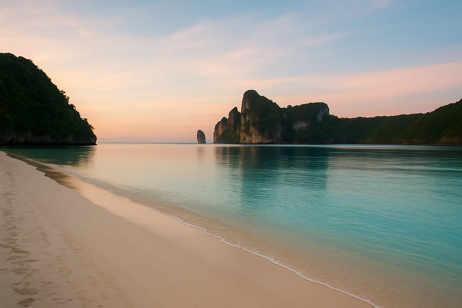 Empty white sand beach on Koh Phi Phi Don at dawn with clear turquoise water and no tourists