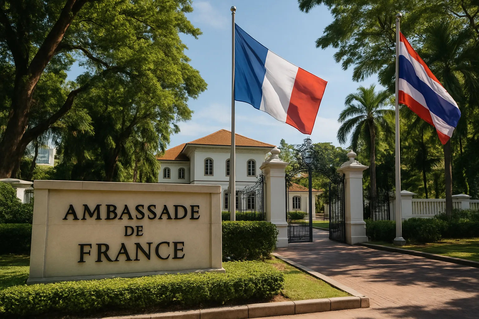 Entrance of the French Embassy in Bangkok, Thailand, on a sunny day