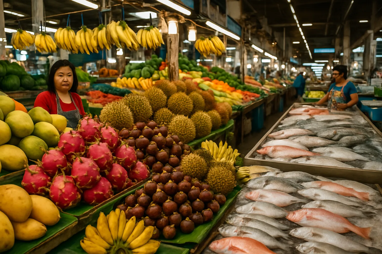 Étals colorés du marché Banzaan Fresh Market à Phuket Town avec fruits tropicaux et poissons frais
