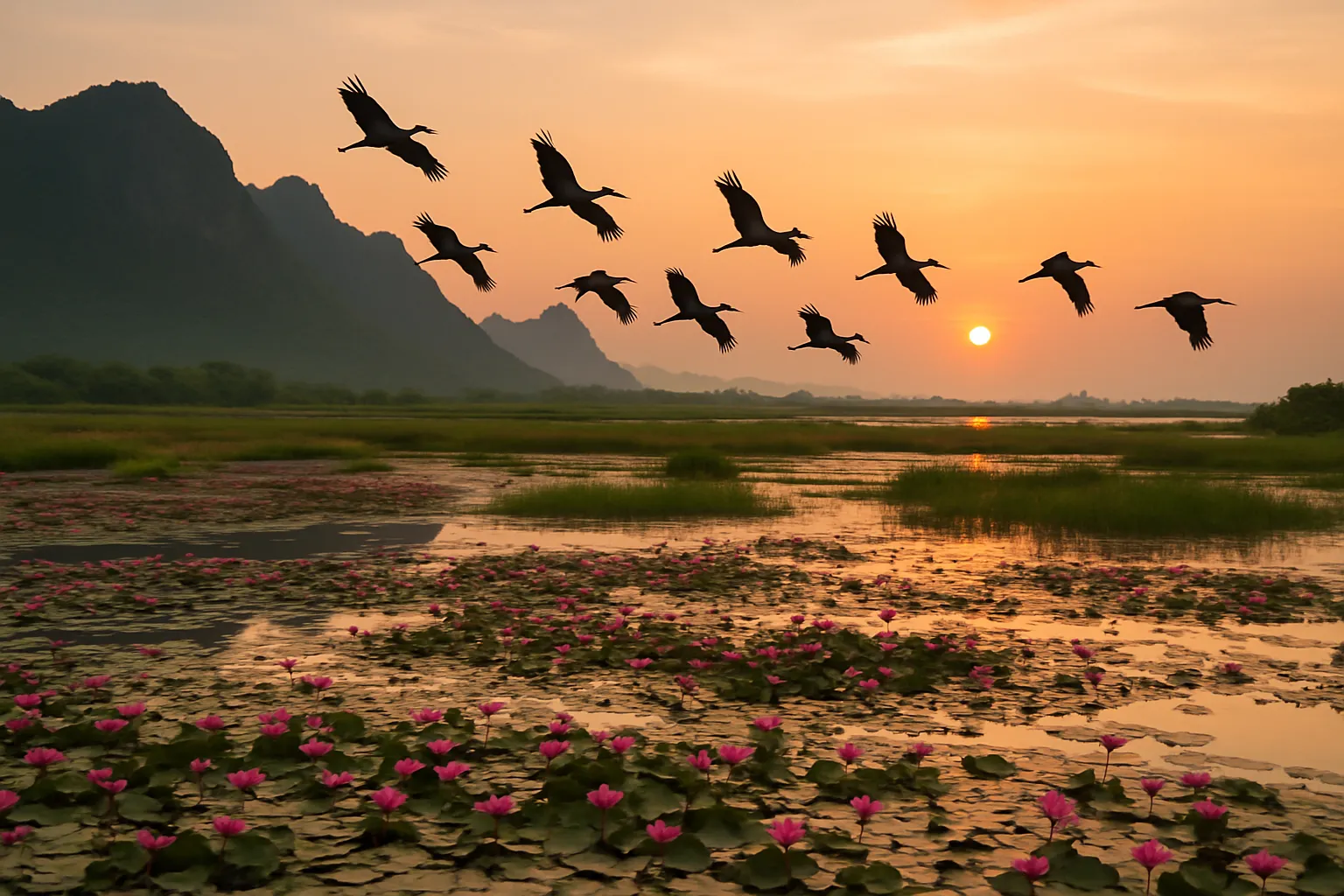 Flock of migratory birds flying over lotus ponds and wetlands in Khao Sam Roi Yot National Park at sunrise Thailand