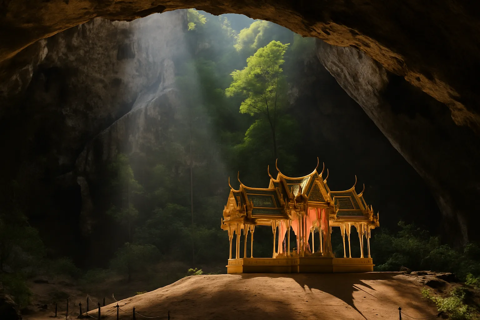 Golden royal pavilion inside Phraya Nakhon cave illuminated by a beam of natural light through the cave ceiling Thailand