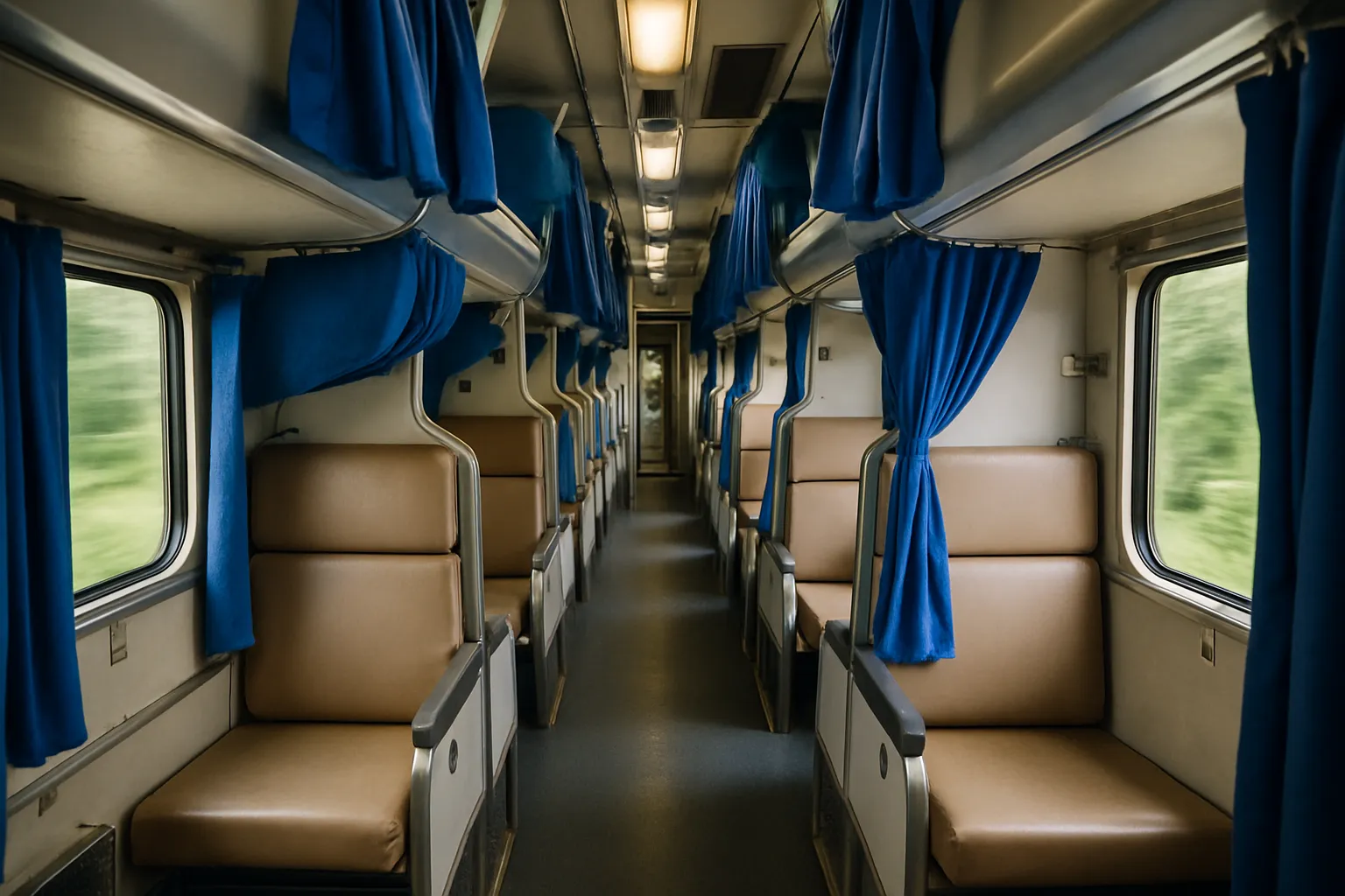 Interior of a Thai overnight train sleeper compartment with blue curtains and folded beds in second class