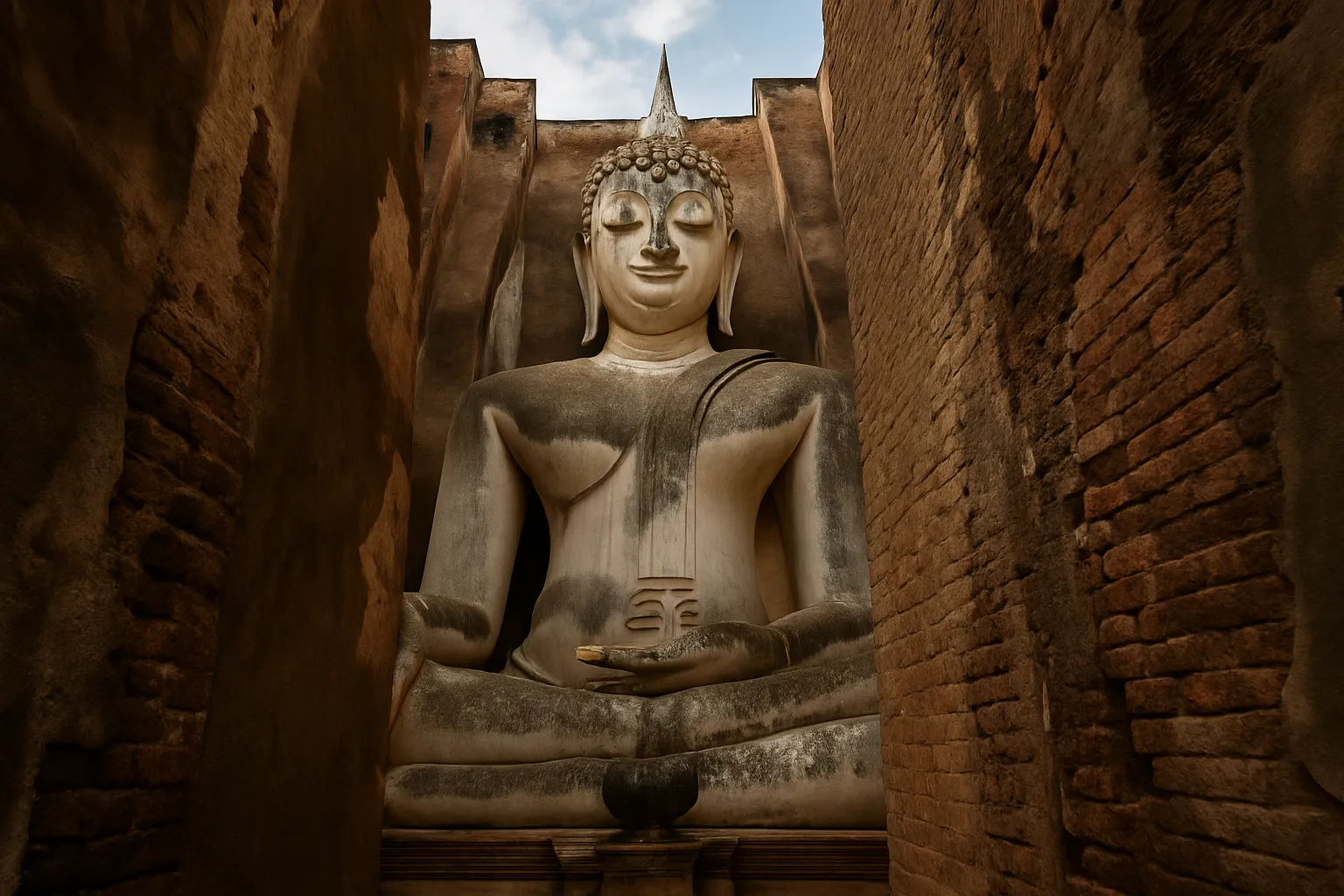 Le bouddha géant Phra Achana vu depuis l'entrée étroite du Wat Si Chum, zone nord du parc historique de Sukhothai