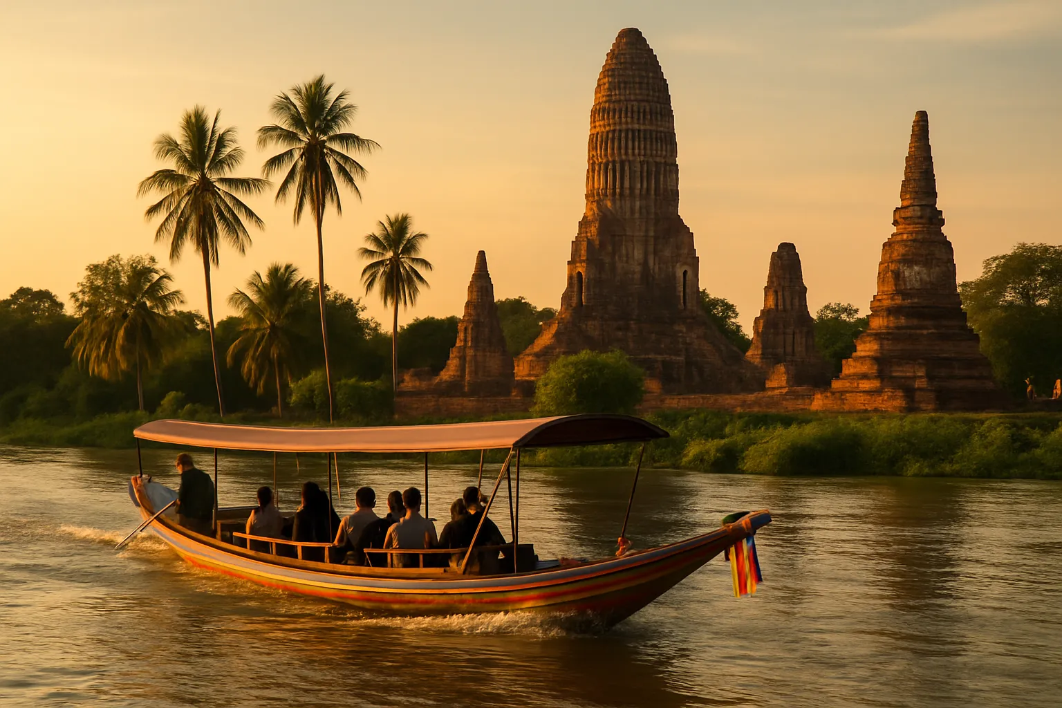 Longtail boat cruising along the river with ancient temple ruins and palm trees visible on the riverbank in Ayutthaya at golden hour