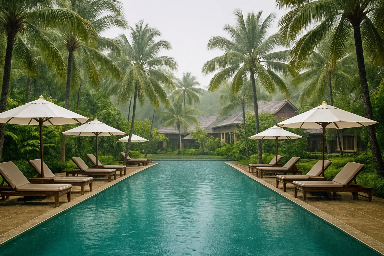 Luxury resort swimming pool surrounded by tropical palm trees with rain falling gently in the background, Phuket Thailand