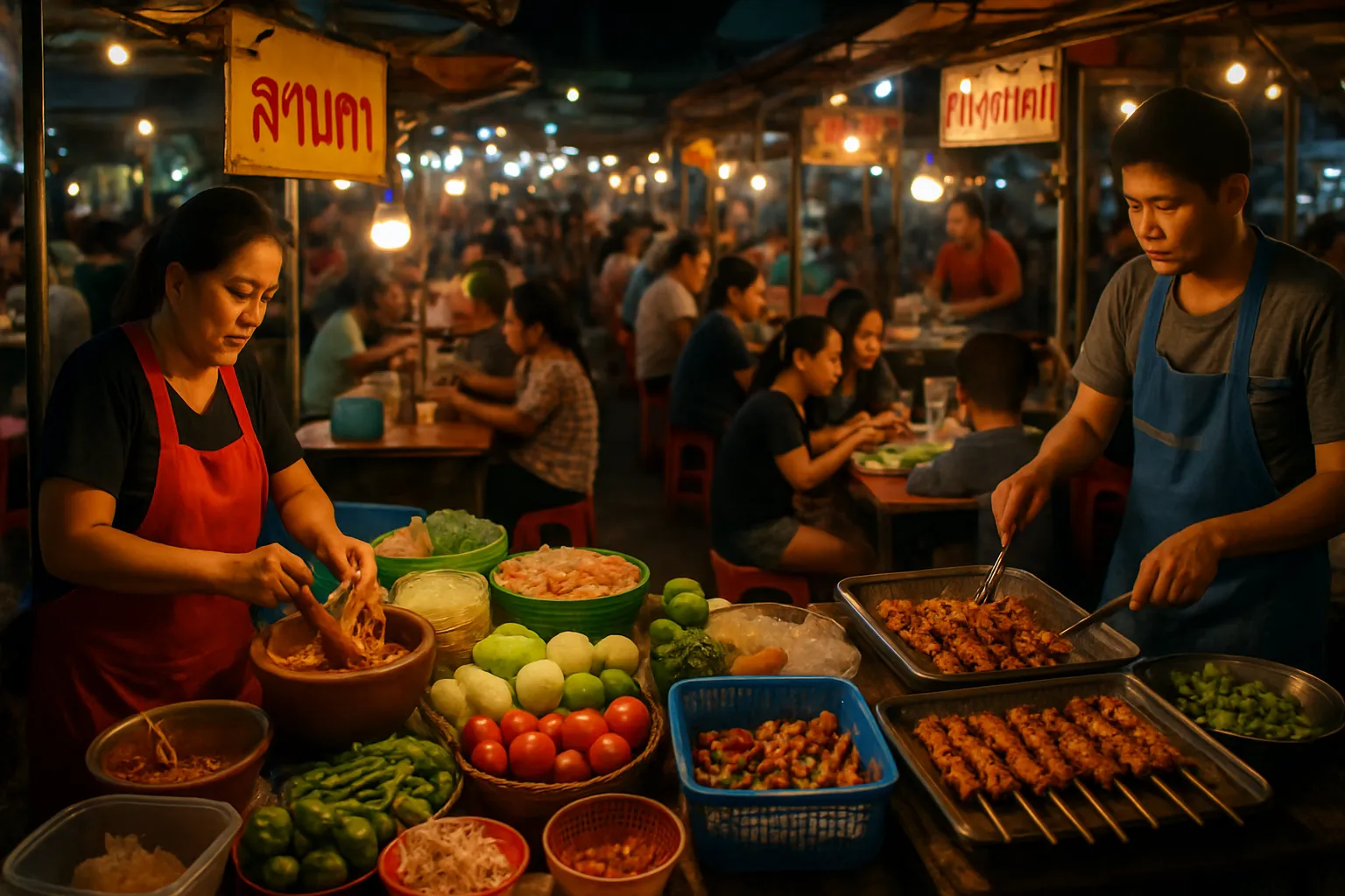 Marché nocturne isaan animé avec vendeurs de som tam, larb et brochettes grillées, lumières chaudes et habitants attablés à Khon Kaen Thaïlande