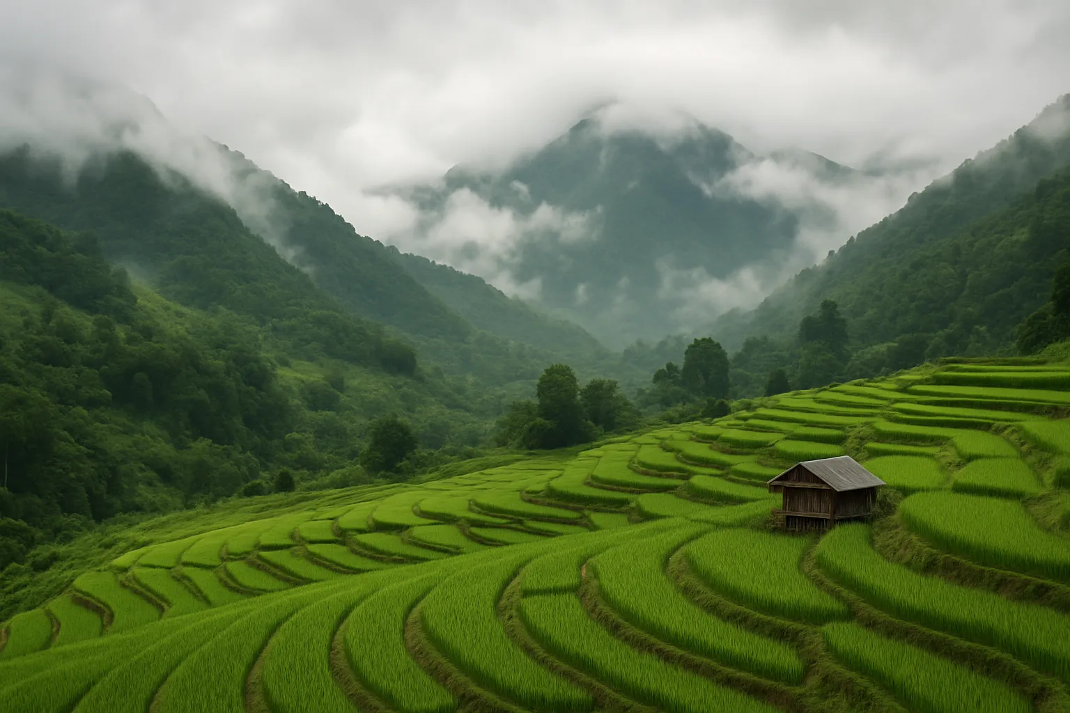 Misty green mountains and rice terraces near Chiang Mai in northern Thailand during the rainy season with low clouds