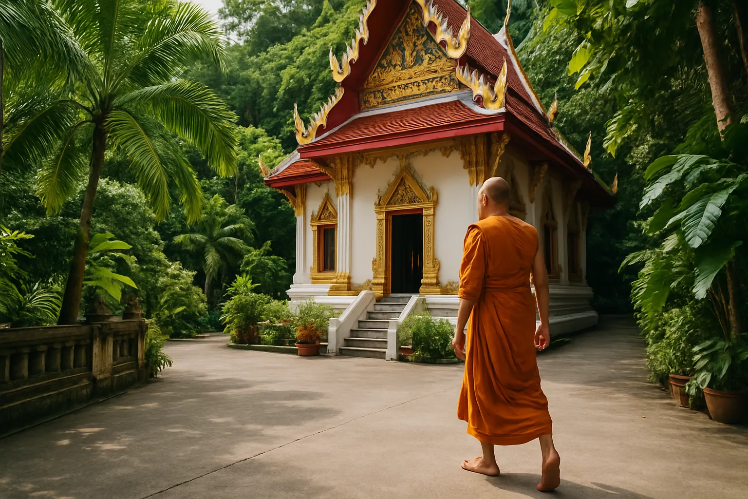 Moine bouddhiste en robe safran marchant dans la cour intérieure du Wat Khao Rang entouré de végétation tropicale à Phuket