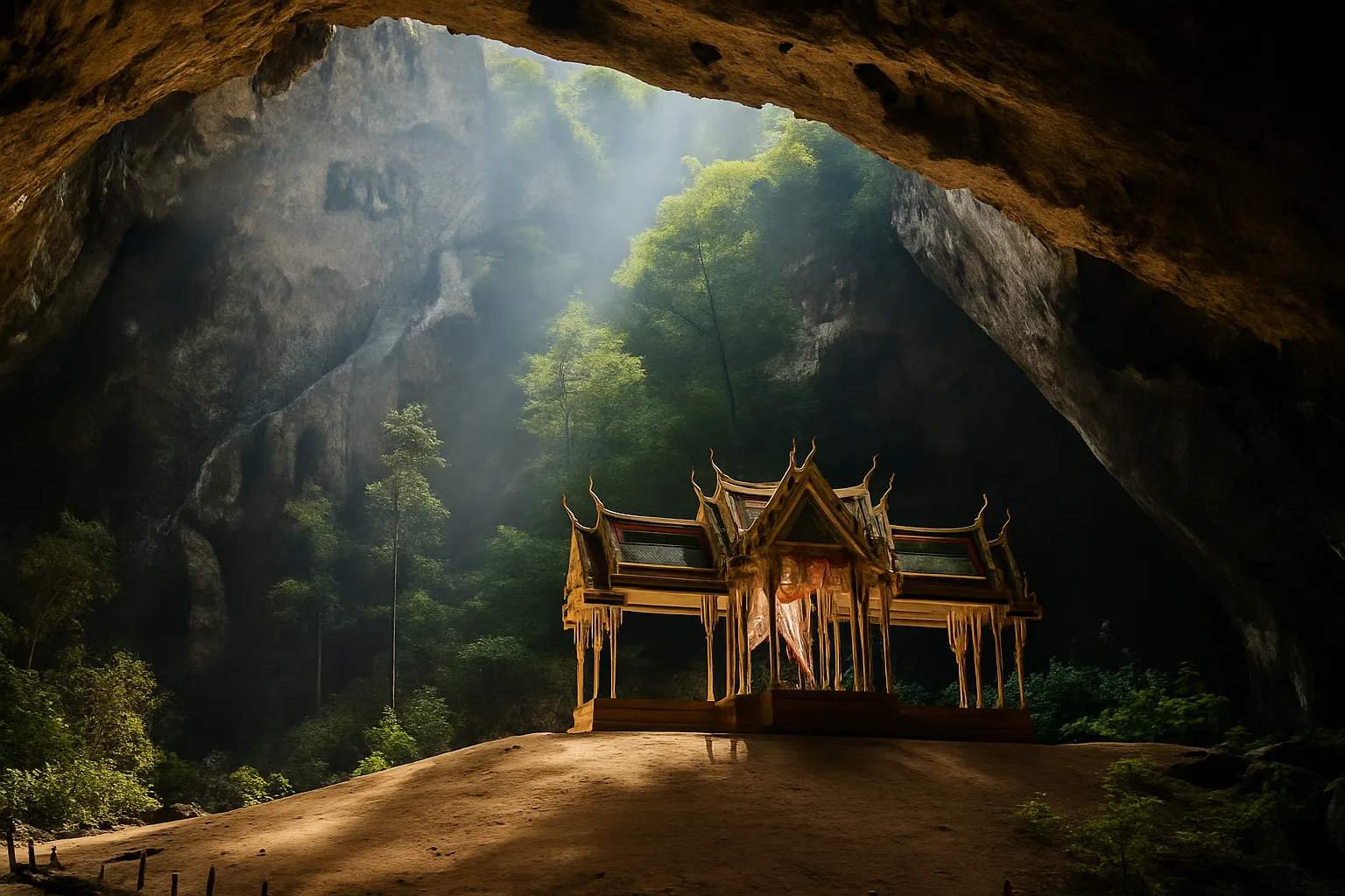 Natural sunlight streaming through cave opening onto the historic Khuha Kharuehat Pavilion inside Phraya Nakhon Cave Thailand