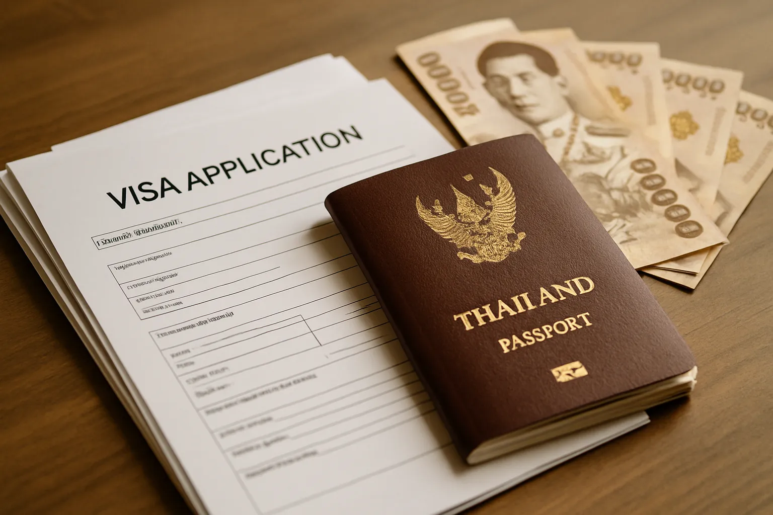 Organized stack of official documents, passport, and Thai baht banknotes on a desk, representing visa application preparation