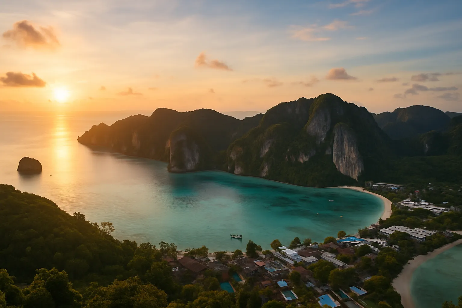 Panoramic aerial view of Koh Phi Phi Don island and turquoise lagoon at sunrise with no tourists visible