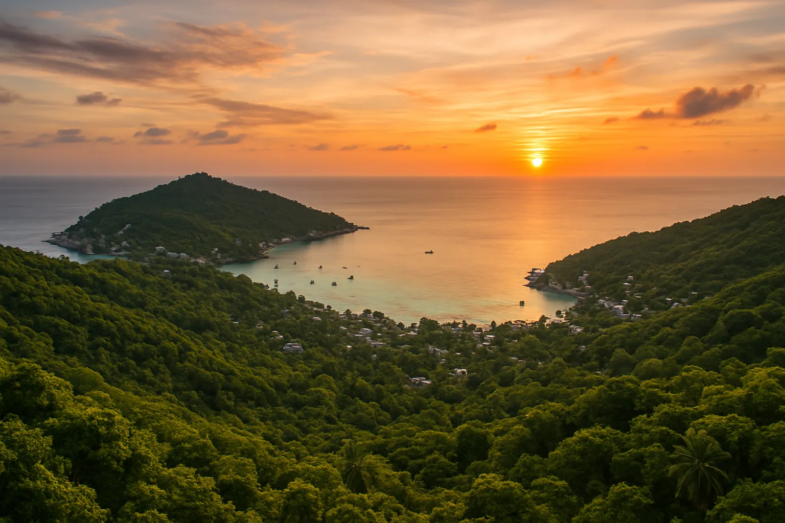 Panoramic sunset view from Mango Viewpoint over the lush green hills and turquoise sea of Koh Tao Thailand