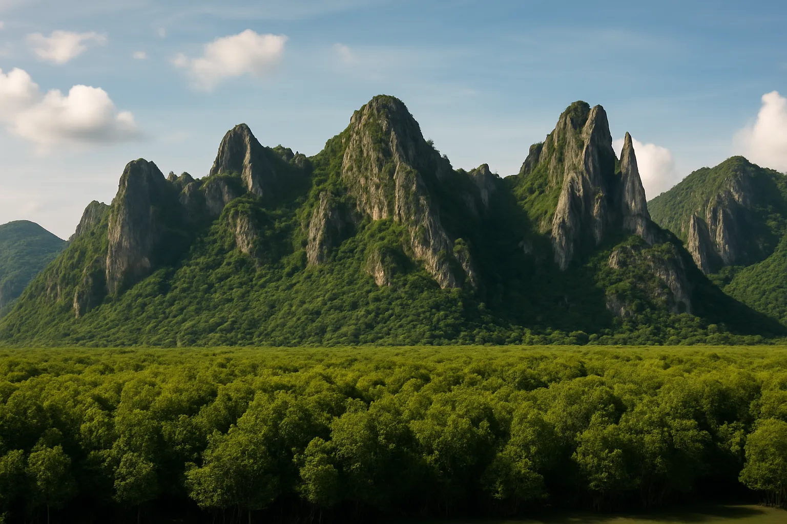 Panoramic view of jagged limestone peaks rising above green mangrove forest at Khao Sam Roi Yot National Park Thailand