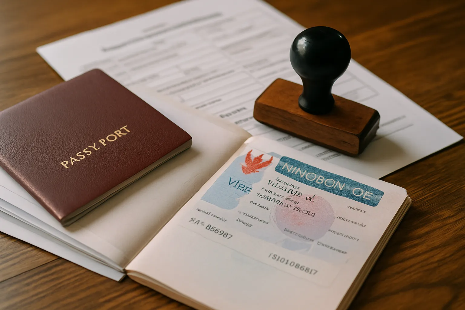 Passeport et documents administratifs posés sur un bureau avec un tampon de visa thaïlandais visible