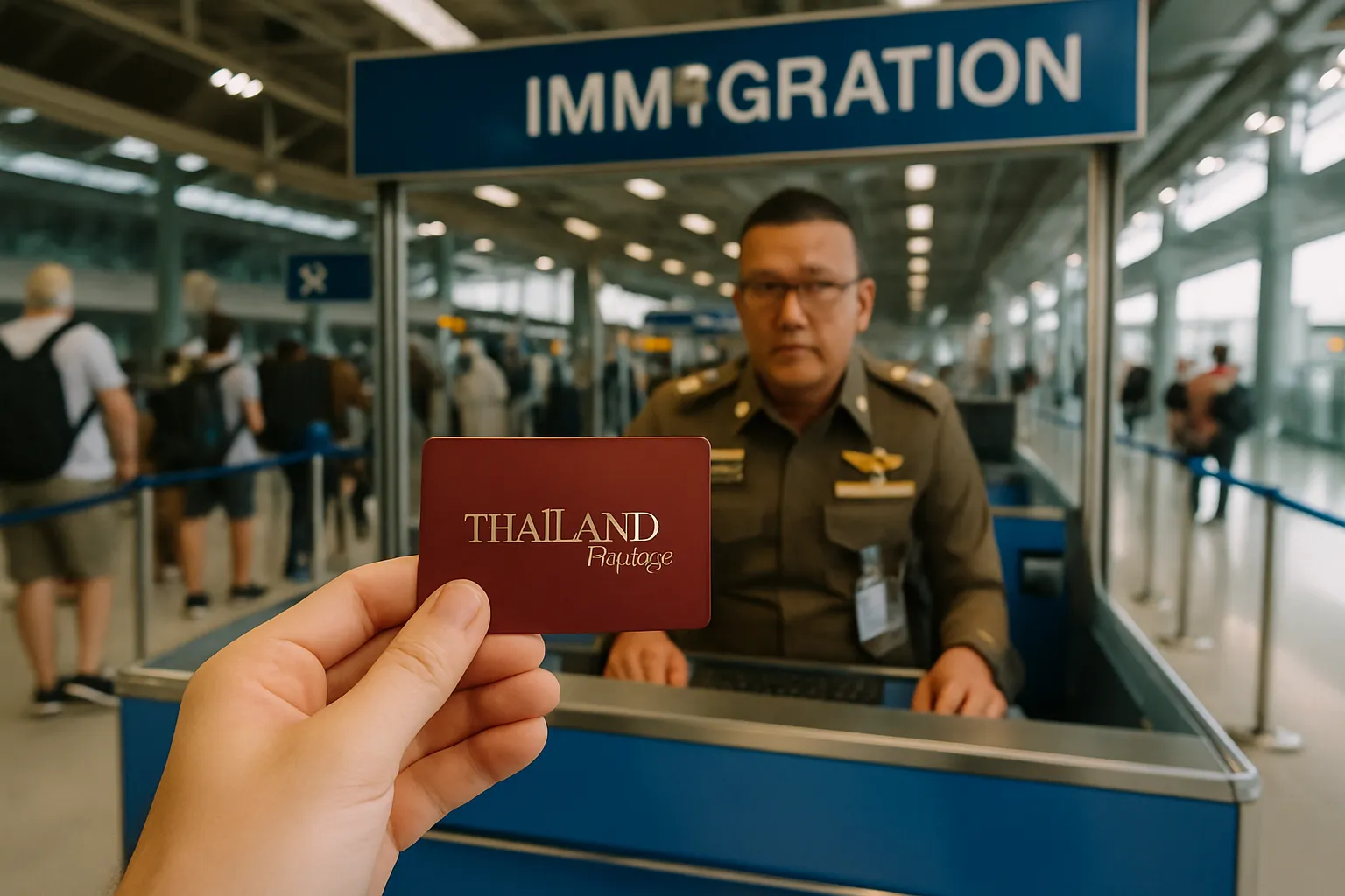 Person holding Thailand Privilege membership card at Bangkok Suvarnabhumi Airport immigration counter