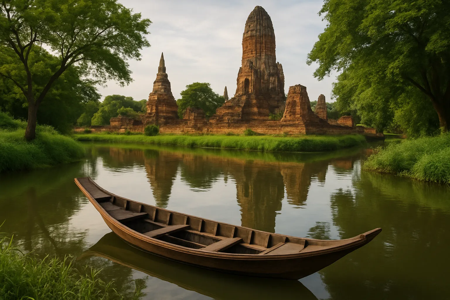 Petit bateau en bois sur un canal calme d'Ayutthaya entouré de végétation luxuriante et de temples en ruine en arrière-plan