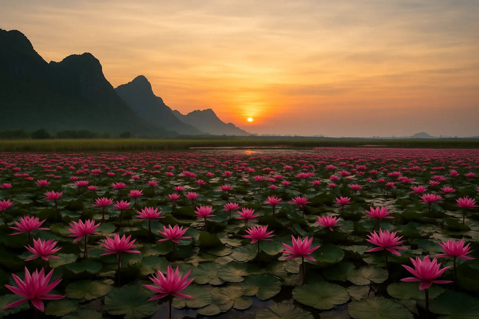 Pink lotus flowers blooming across a wide freshwater marsh at sunrise in Khao Sam Roi Yot National Park Thailand