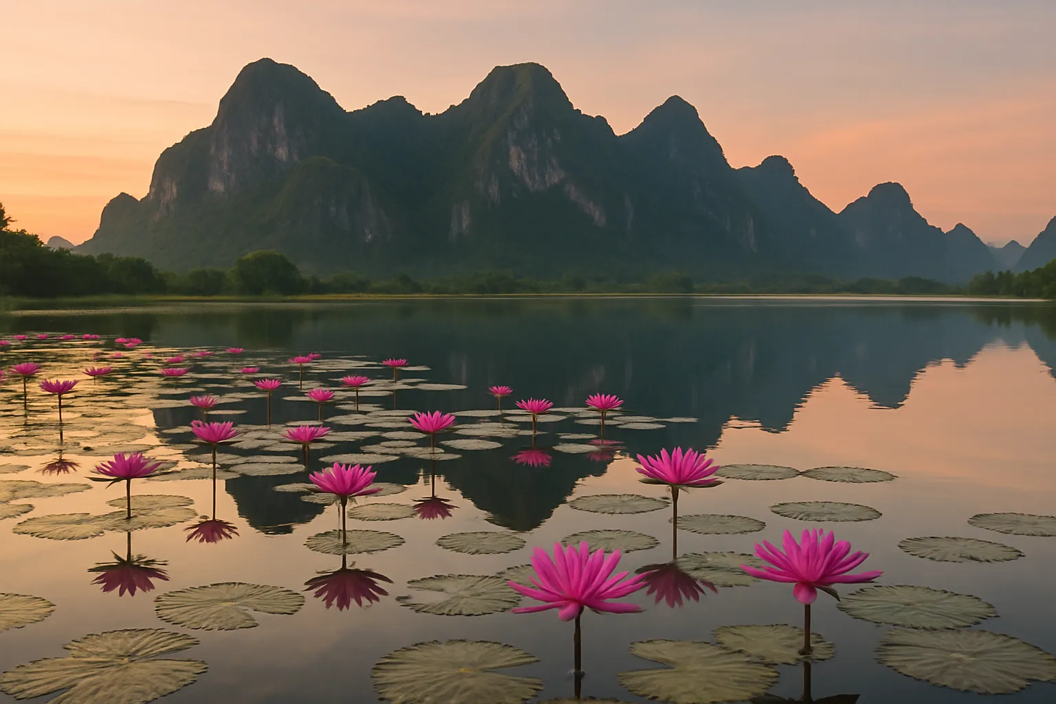Pink lotus flowers blooming on a still lake with limestone mountains reflected in the water at dawn in Khao Sam Roi Yot Thailand