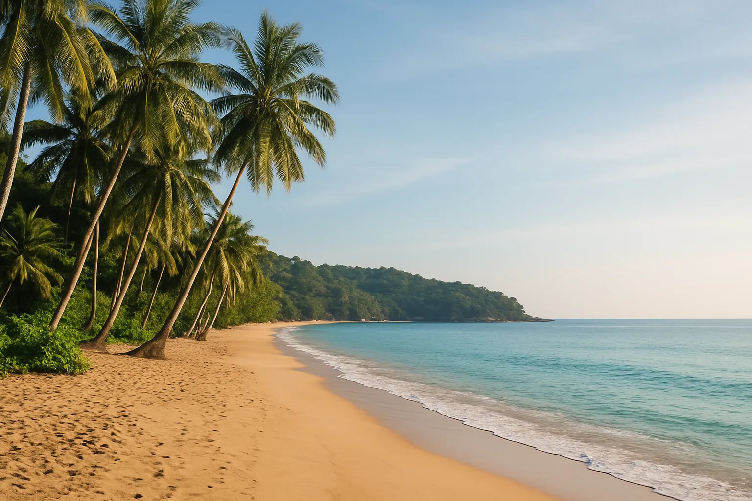 Plage déserte de Nai Thon à Phuket avec cocotiers et eau turquoise sans touriste visible en matinée