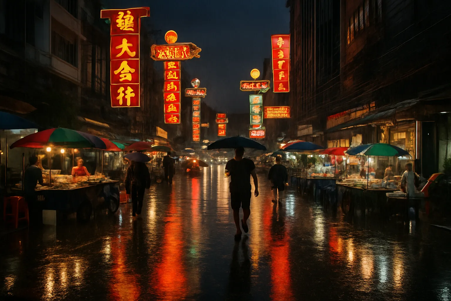 Rain falling on a colorful street in Bangkok's Chinatown area with vendors and neon signs reflected in wet pavement at dusk
