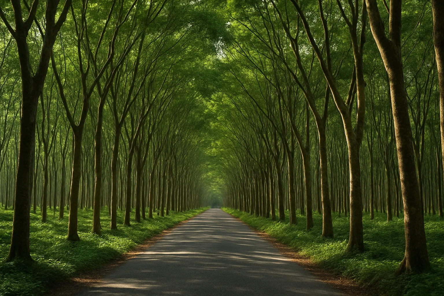 Rubber plantation road in the interior of Phuket island with tall trees forming a natural green canopy overhead